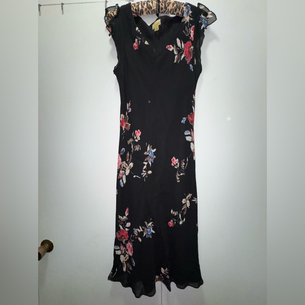 2000s Y2K Caslon Floral Ruffle Fairy Sleeve Midi Slip Dress Size 10